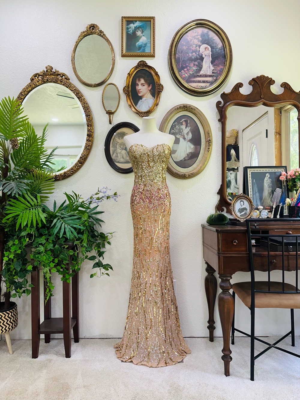 Scala Gold and Pink Sequin Strapless Maxi Gown - Picture 2 of 16
